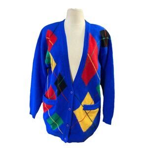 I.B. Diffusion Angora Wool Vtg 90s Cardigan Sz S Blue‎ Colorful Diamond Preppy